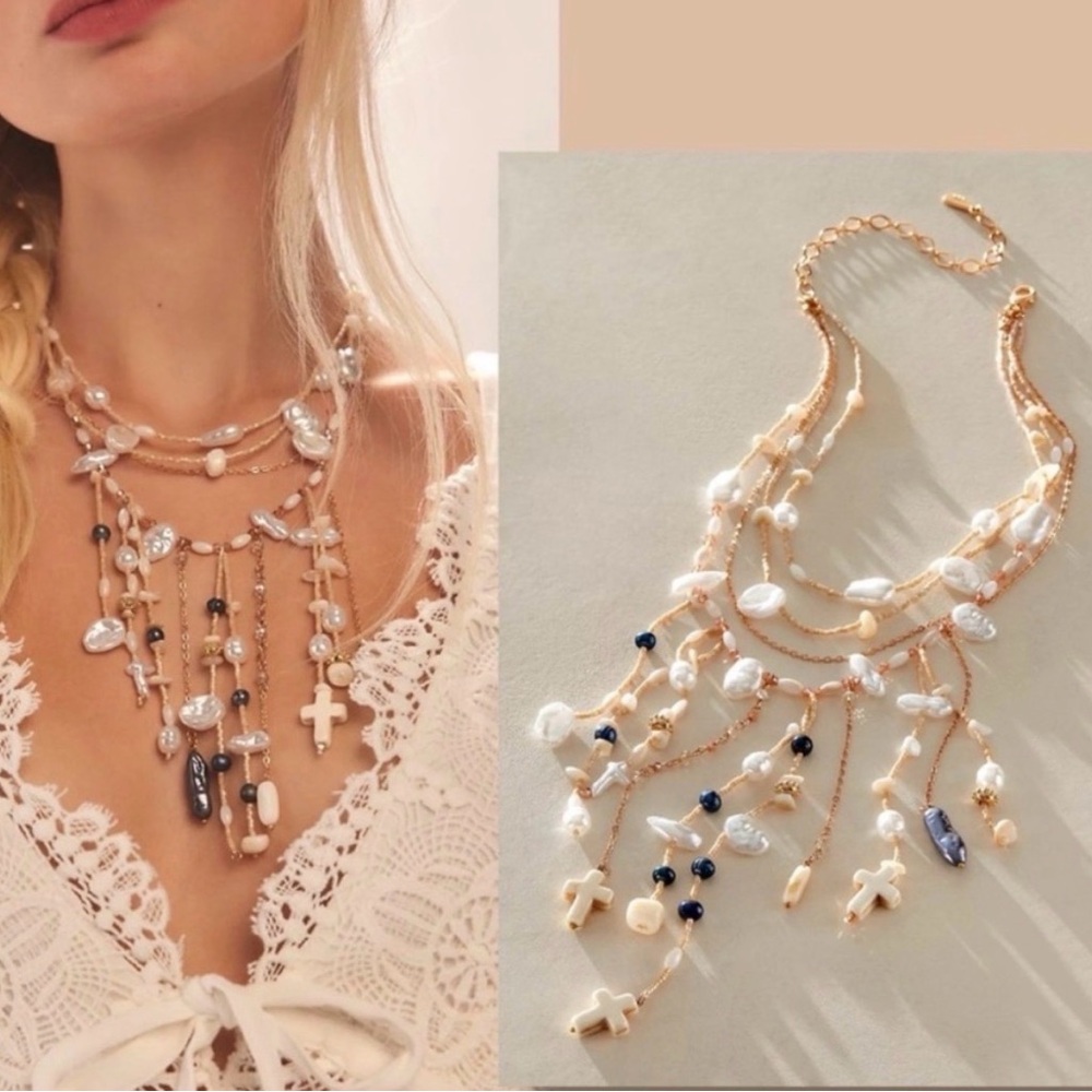 Free People Ariana Ost Something Beautiful Necklace Beaded Layer Cross Statement